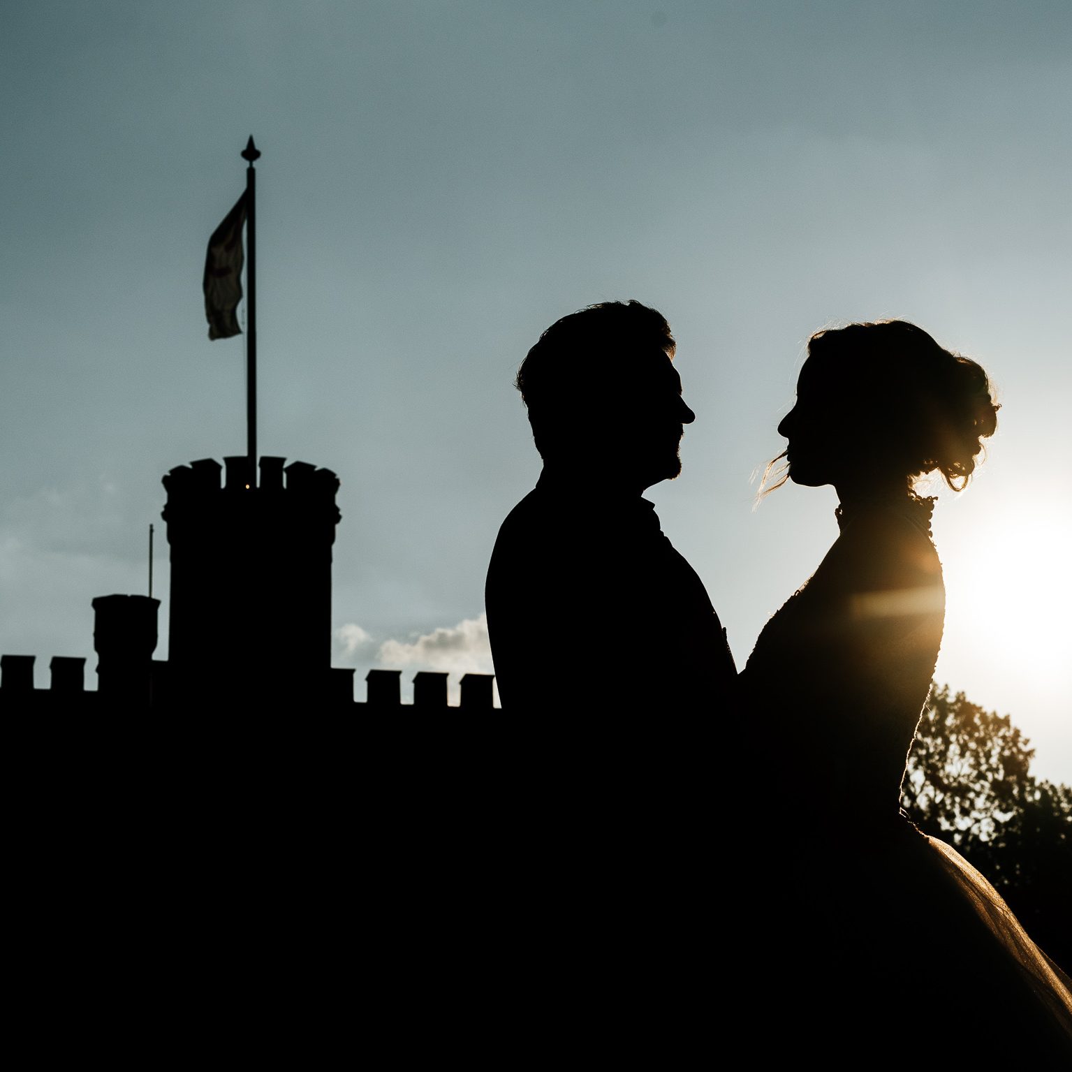 hochzeitsfoto, silhouette, brautpaar, Schlosshochzeit