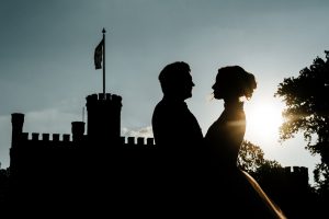 hochzeitsfoto, silhouette, brautpaar, Schlosshochzeit